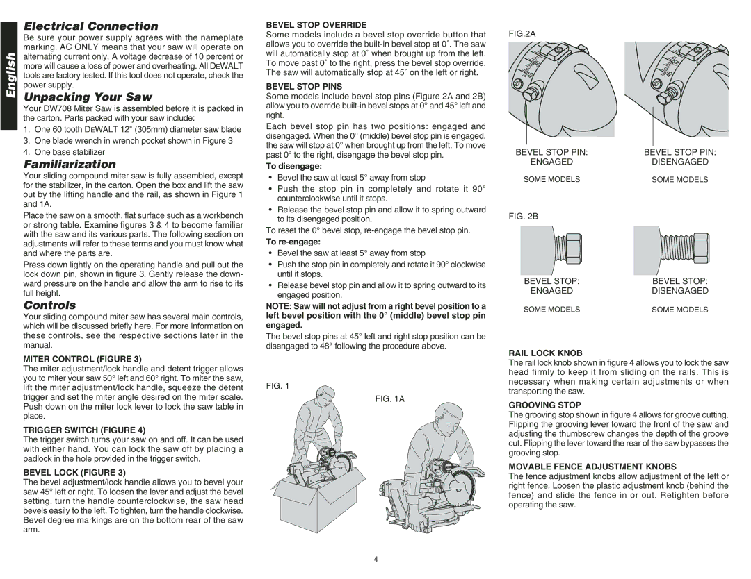 DeWalt DW708 instruction manual Electrical Connection, Unpacking Your Saw, Familiarization, Controls 