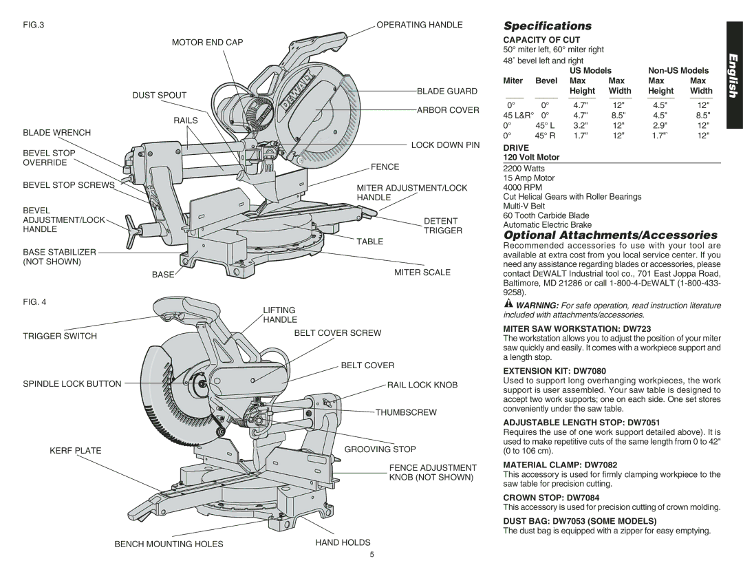 DeWalt DW708 instruction manual Specifications, Optional Attachments/Accessories 