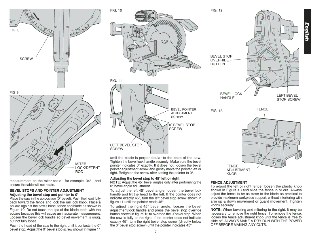 DeWalt DW708 Screw Miter LOCK/DETENT ROD, ˚ Bevel Stop Screw Left Bevel Stop, Adjusting the bevel stop to 45 left or right 