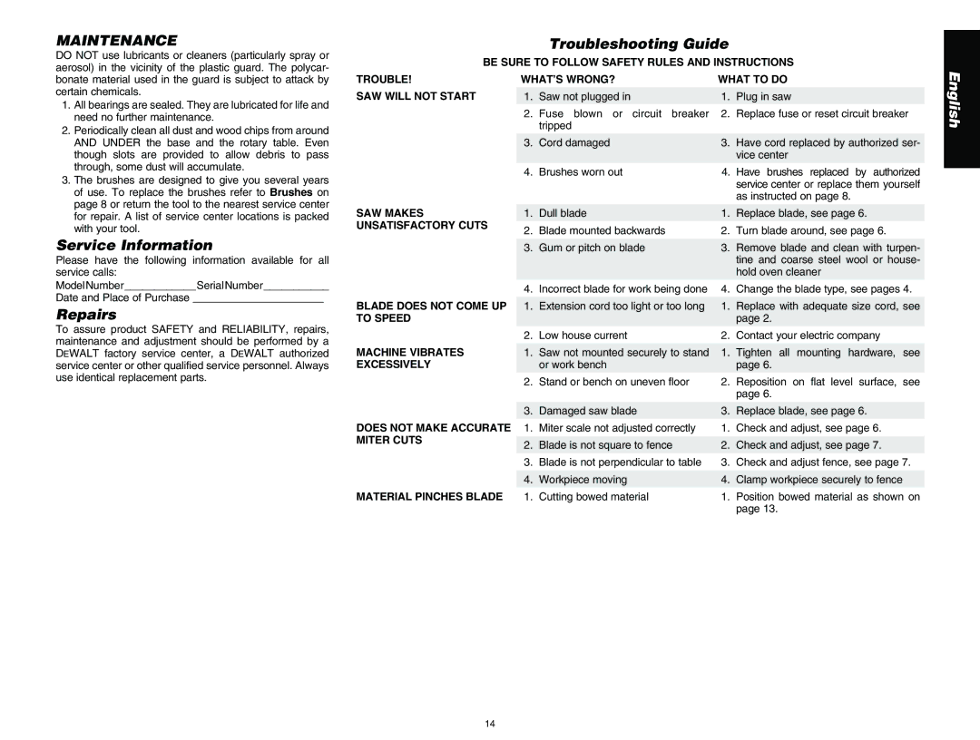 DeWalt DW713 instruction manual Maintenance, Service Information, Repairs, Troubleshooting Guide 