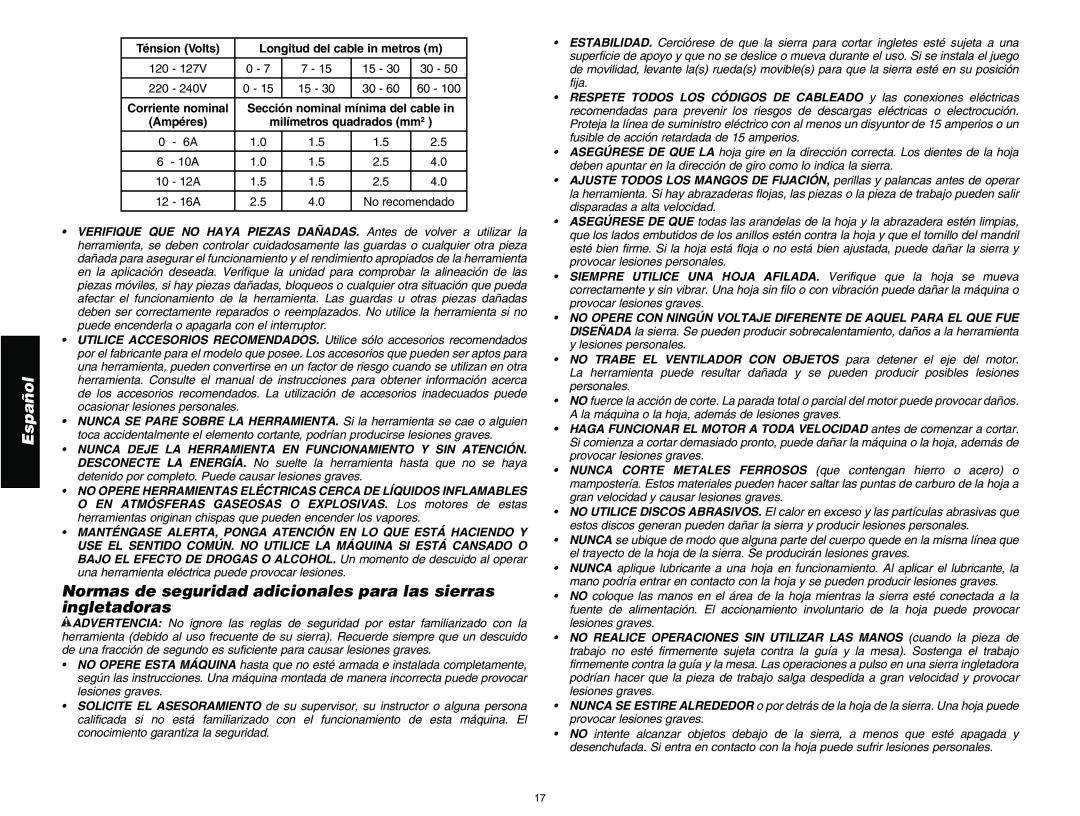 DeWalt DW713 instruction manual Ténsion Volts Longitud del cable in metros m, 120 127V 220 240V, 10A 12A 16A No recomendado 