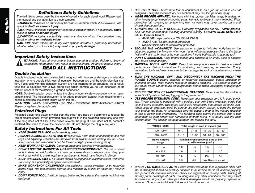 DeWalt DW713 Definitions Safety Guidelines, Important Safety Instructions, Double Insulation, Polarized Plugs 