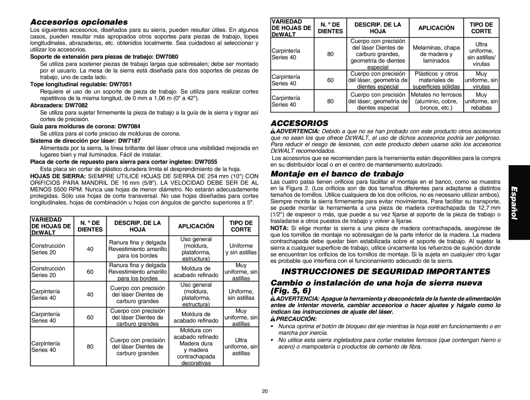 DeWalt DW713 Accesorios opcionales, Montaje en el banco de trabajo, Instrucciones DE Seguridad Importantes 