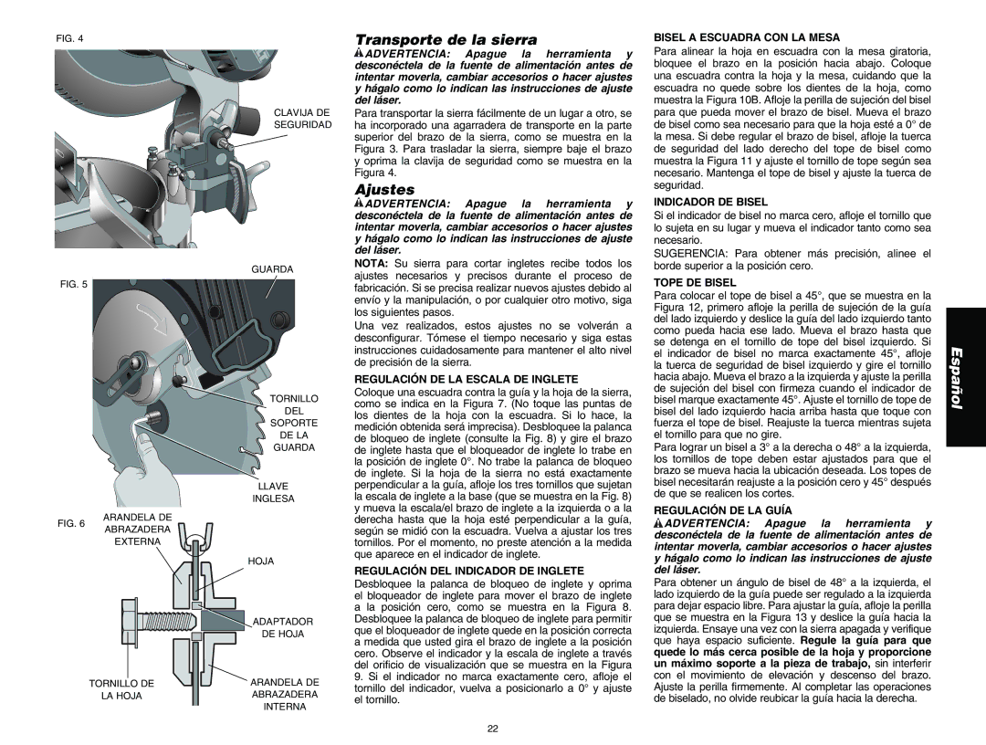 DeWalt DW713 instruction manual Transporte de la sierra, Ajustes 