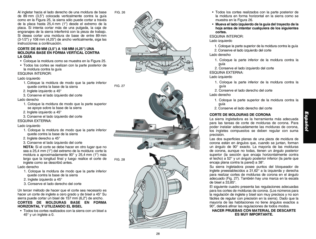 DeWalt DW713 instruction manual Esquina Interior, Esquina Externa, Corte DE Molduras DE Corona 