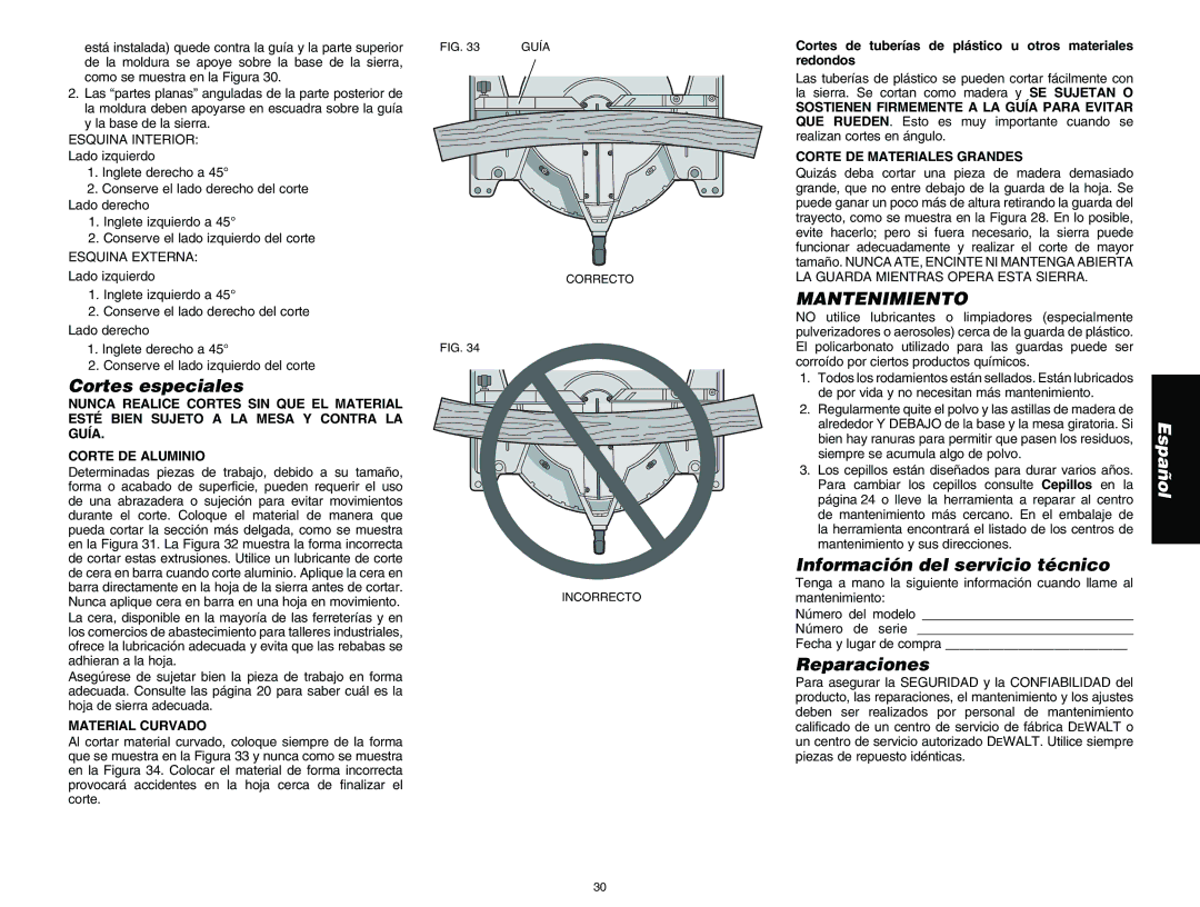 DeWalt DW713 instruction manual Cortes especiales, Mantenimiento, Información del servicio técnico, Reparaciones 