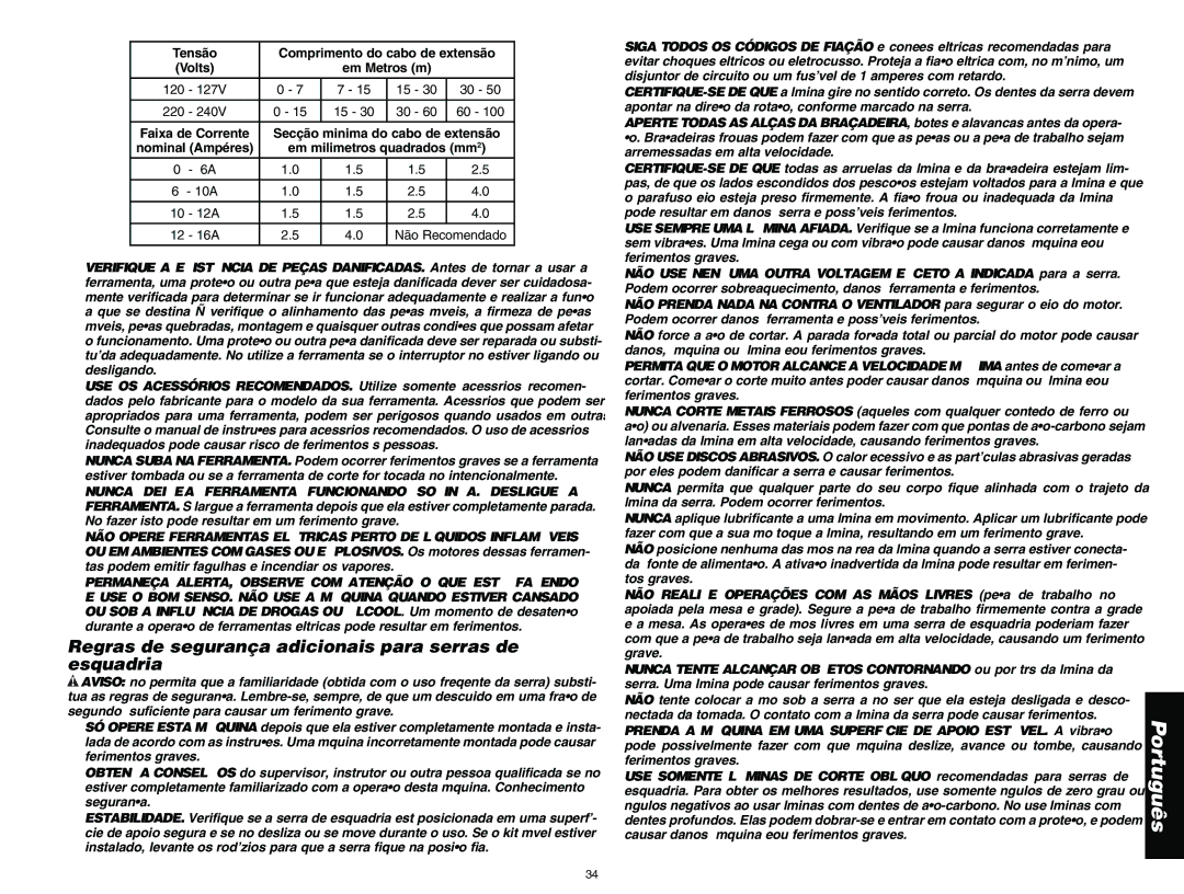 DeWalt DW713 Regras de segurança adicionais para serras de esquadria, Tensão Comprimento do cabo de extensão 