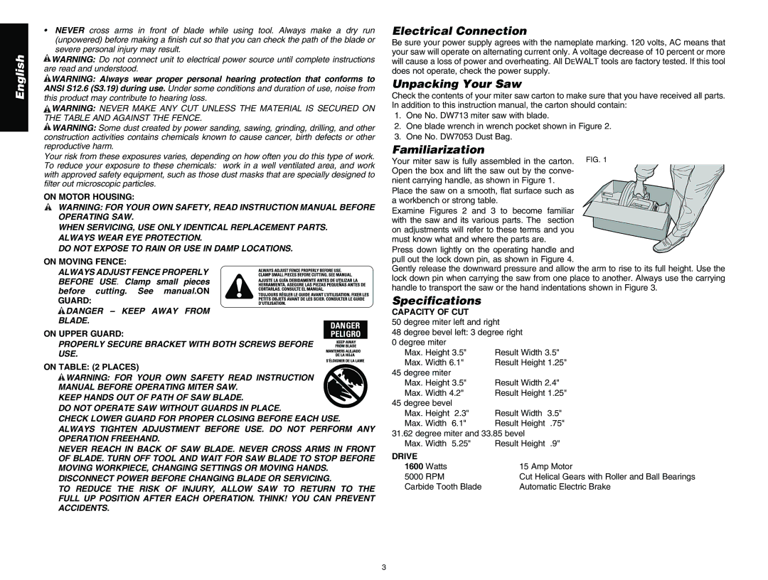 DeWalt DW713 instruction manual Electrical Connection, Unpacking Your Saw, Familiarization, Specifications 