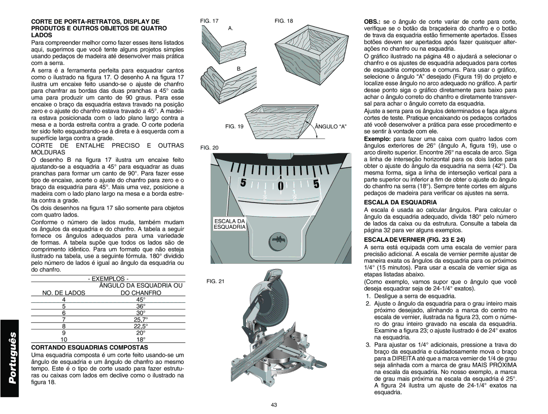 DeWalt DW713 instruction manual Cortando Esquadrias Compostas, Escala DA Esquadria, Escaladevernier E 