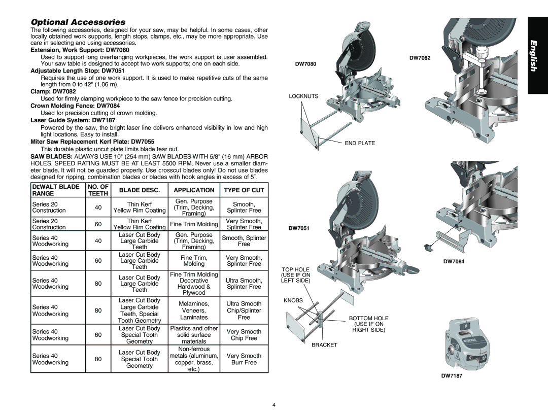 DeWalt DW713 instruction manual Optional Accessories 