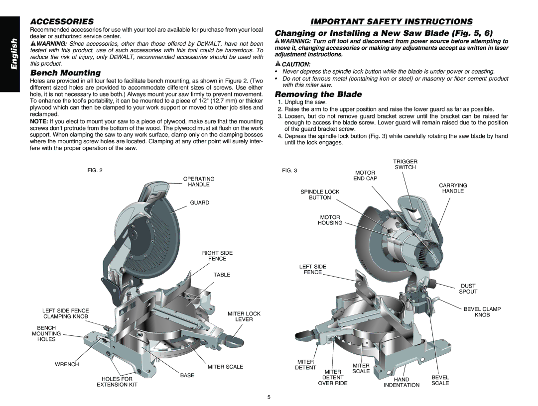 DeWalt DW713 Accessories, Bench Mounting, Important Safety Instructions, Changing or Installing a New Saw Blade 