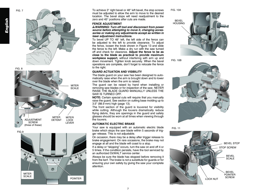 DeWalt DW713 instruction manual Fence Adjustment, Guard Actuation and Visibility, Automatic Electric Brake 