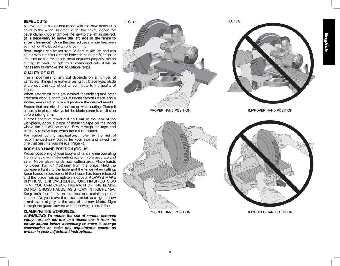 DeWalt DW713 instruction manual Bevel Cuts, Quality of CUT, Body and Hand Position FIG, Clamping the Workpiece 