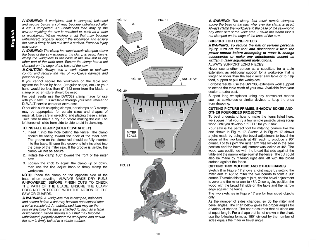 DeWalt DW713 instruction manual To Install Clamp Sold Separately, Support for Long Pieces 