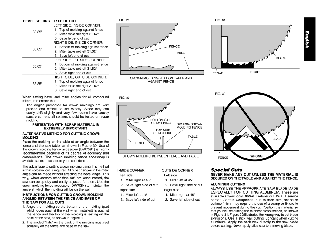 DeWalt DW713 instruction manual Special Cuts, Bevel Setting Type of CUT 