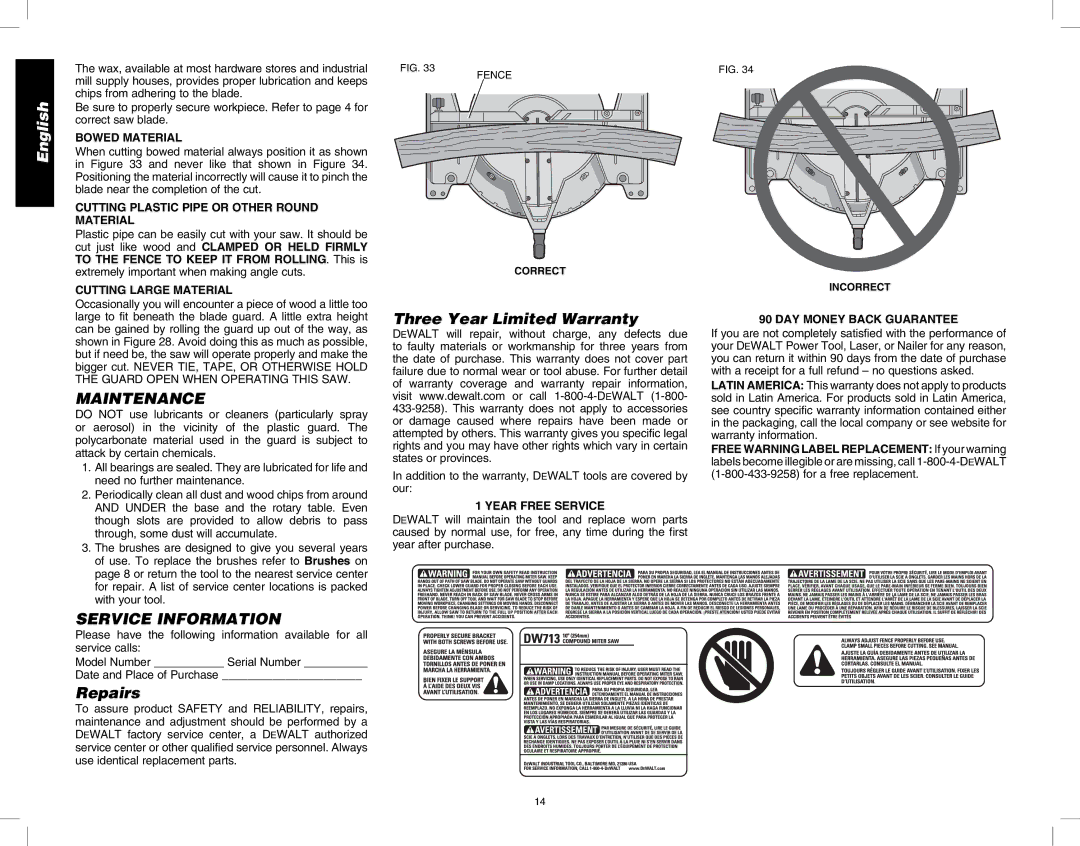 DeWalt DW713 instruction manual Maintenance, Service Information, Repairs, Three Year Limited Warranty 