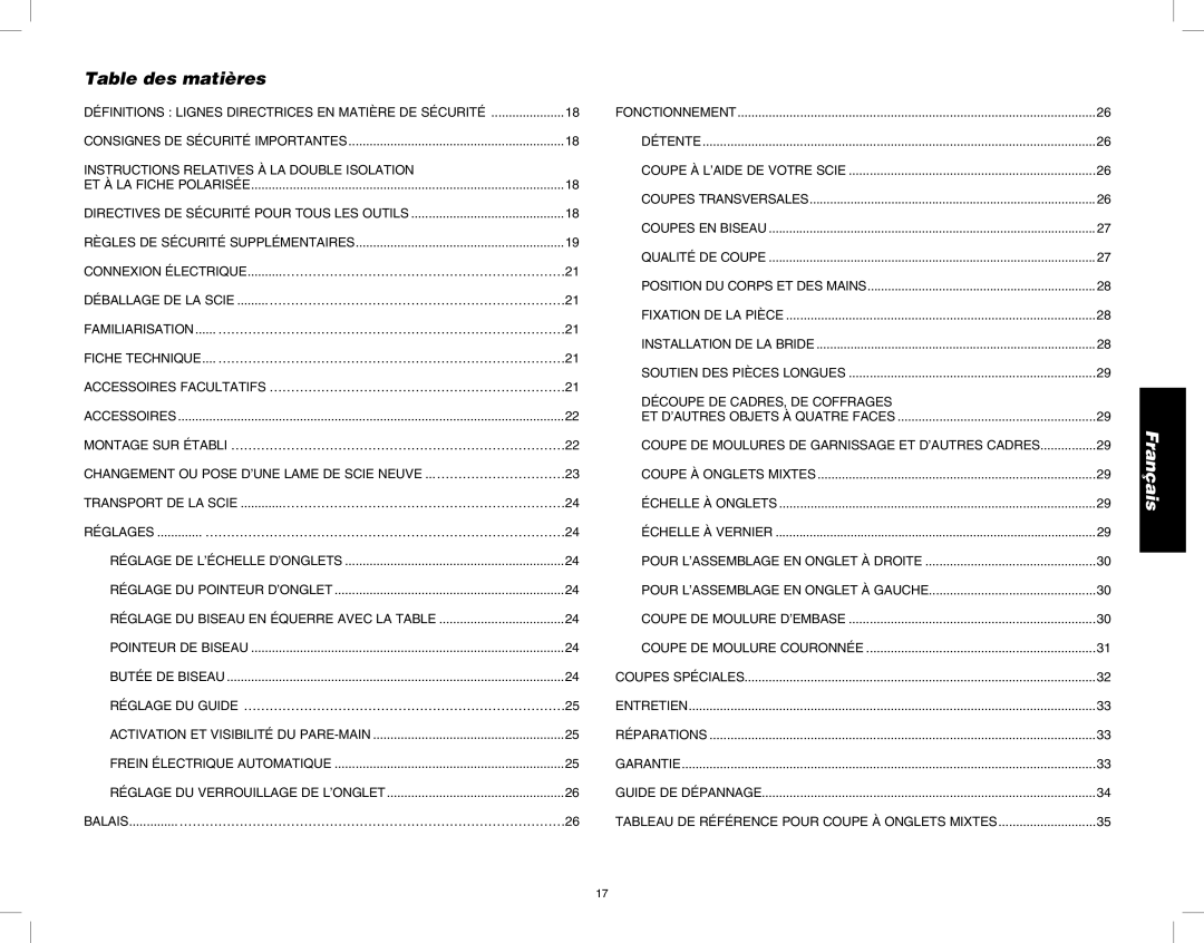 DeWalt DW713 instruction manual Table des matières 