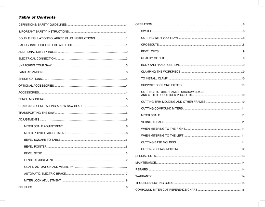 DeWalt DW713 instruction manual Table of Contents 