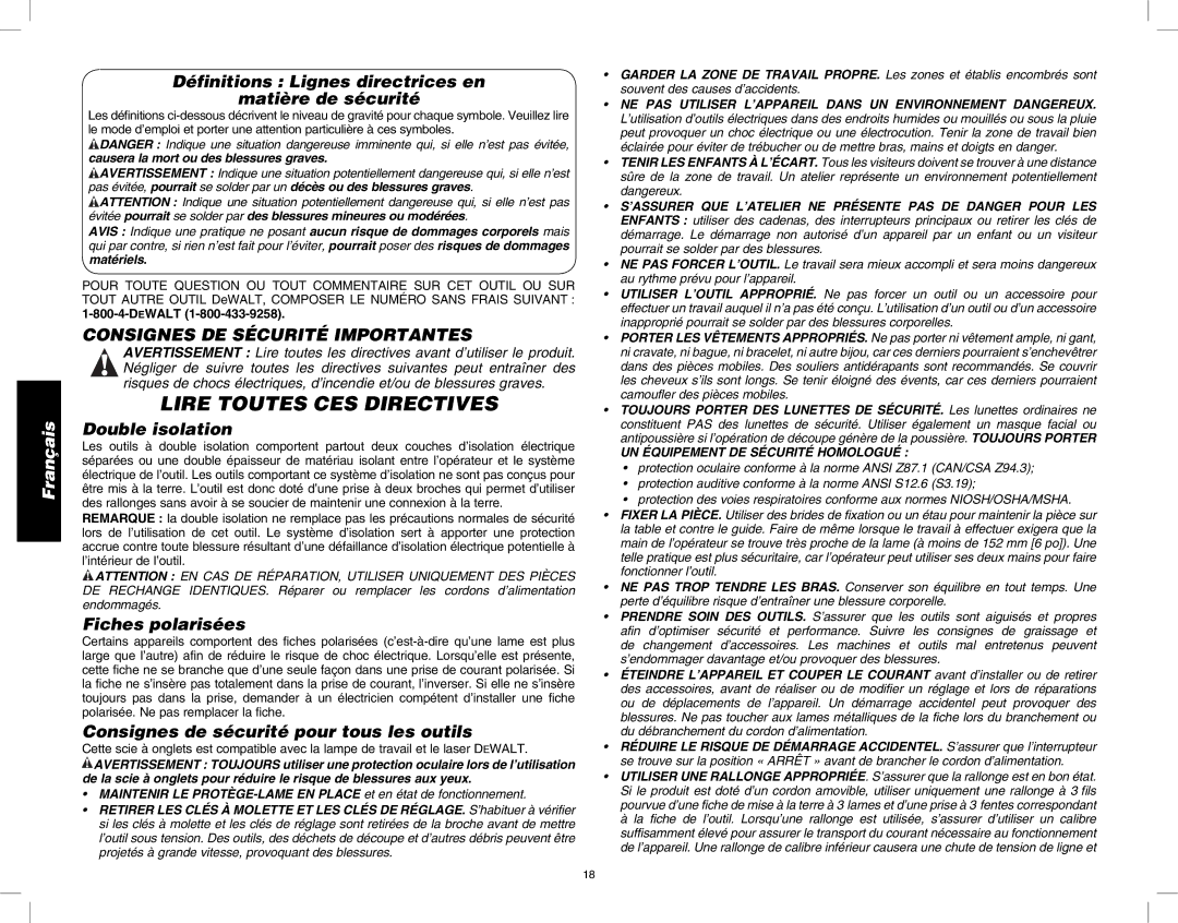 DeWalt DW713 Définitions Lignes directrices en Matière de sécurité, Consignes DE Sécurité Importantes, Double isolation 