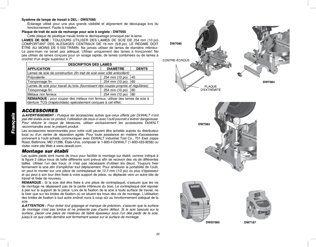 DeWalt DW713 instruction manual Accessoires, Montage sur établi, Description DES Lames Application Diamètre Dents 