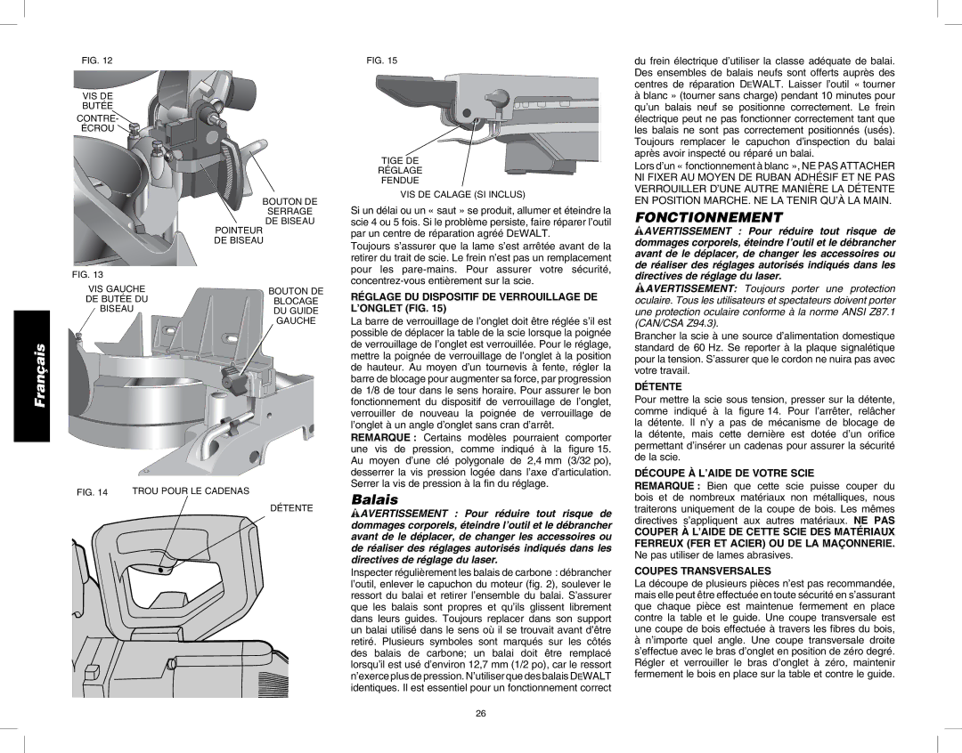 DeWalt DW713 instruction manual Balais, Fonctionnement 