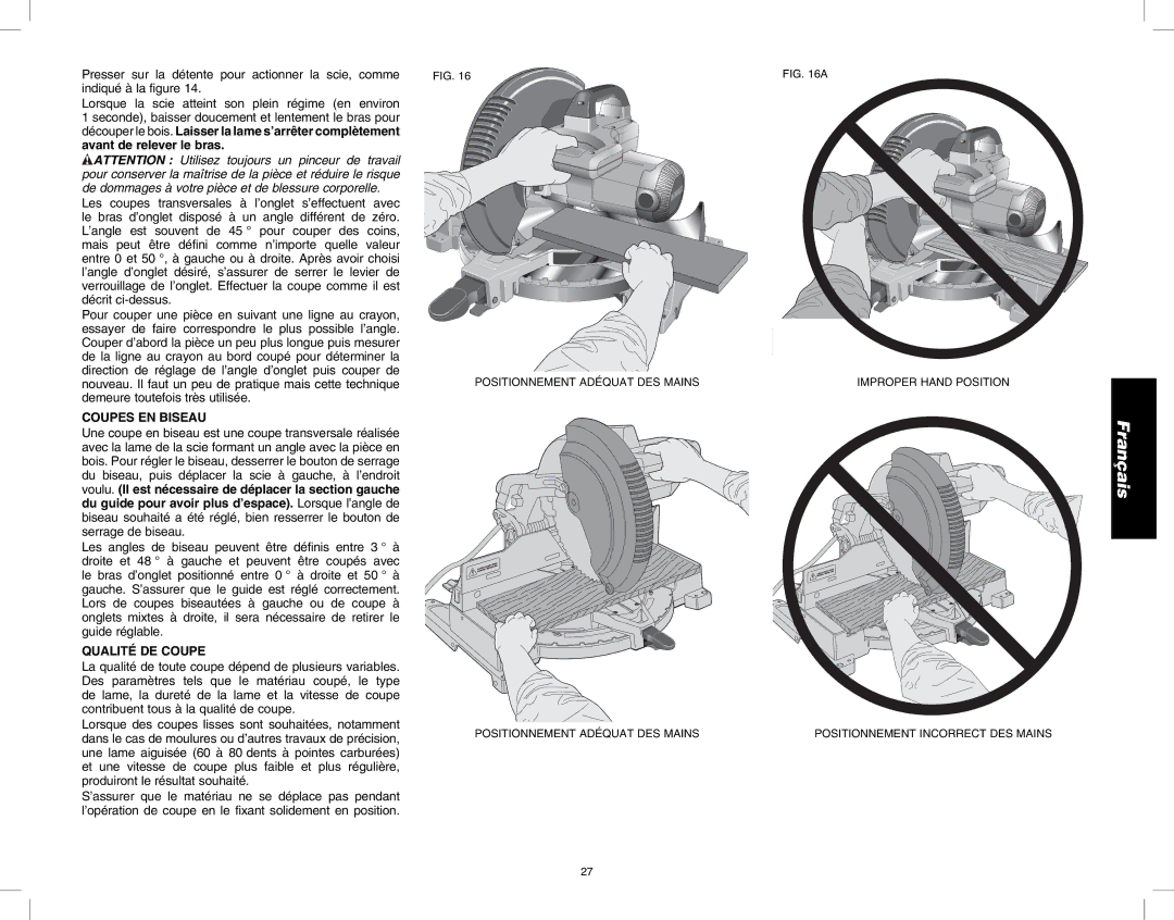 DeWalt DW713 instruction manual Coupes EN Biseau, Qualité DE Coupe 