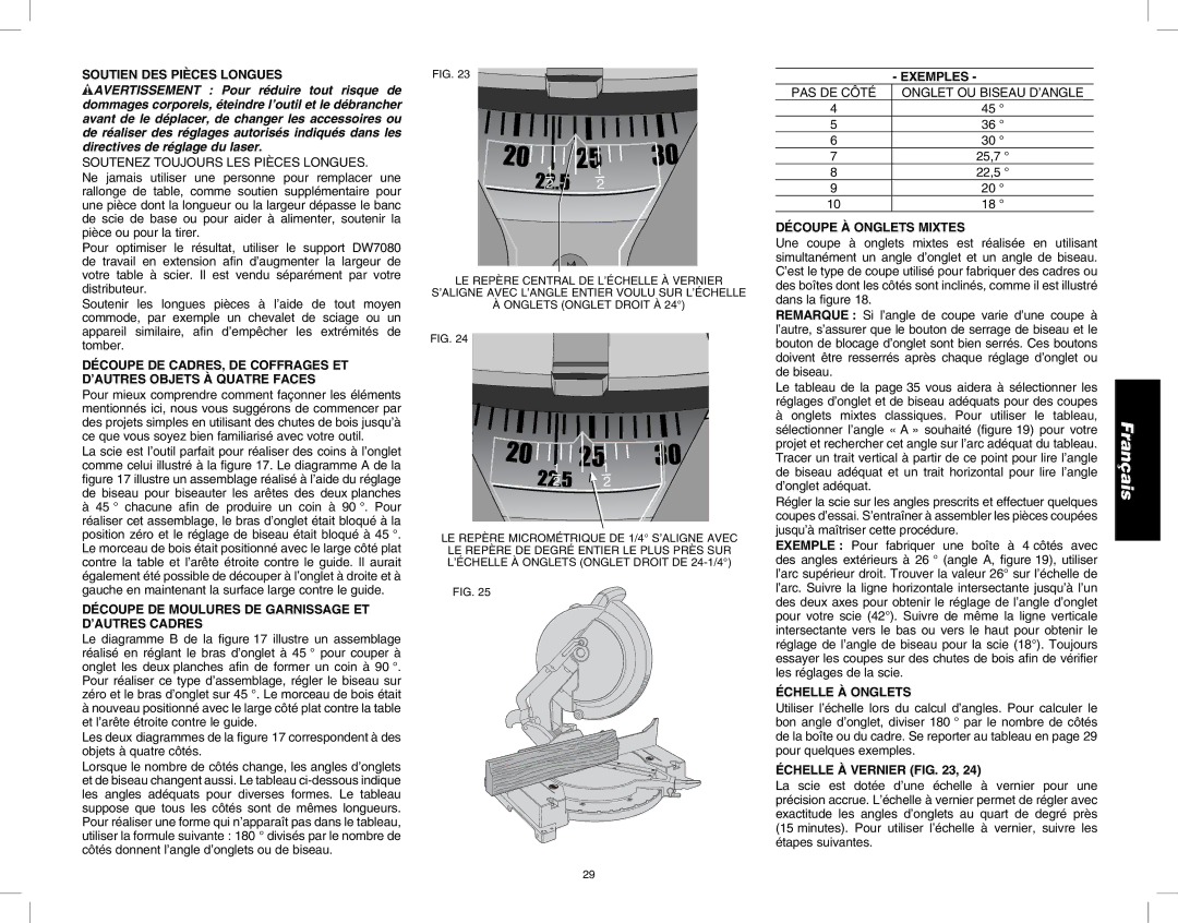 DeWalt DW713 Soutien DES Pièces Longues, Découpe DE Moulures DE Garnissage ET D’AUTRES Cadres, Exemples, Échelle À Onglets 