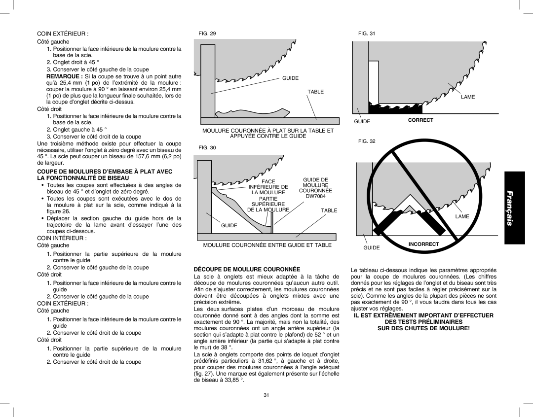 DeWalt DW713 instruction manual Côté gauche, Découpe DE Moulure Couronnée 