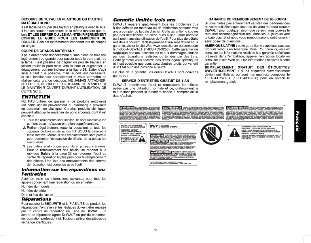 DeWalt DW713 Entretien, Garantie limitée trois ans, Information sur les réparations ou l’entretien, Réparations 