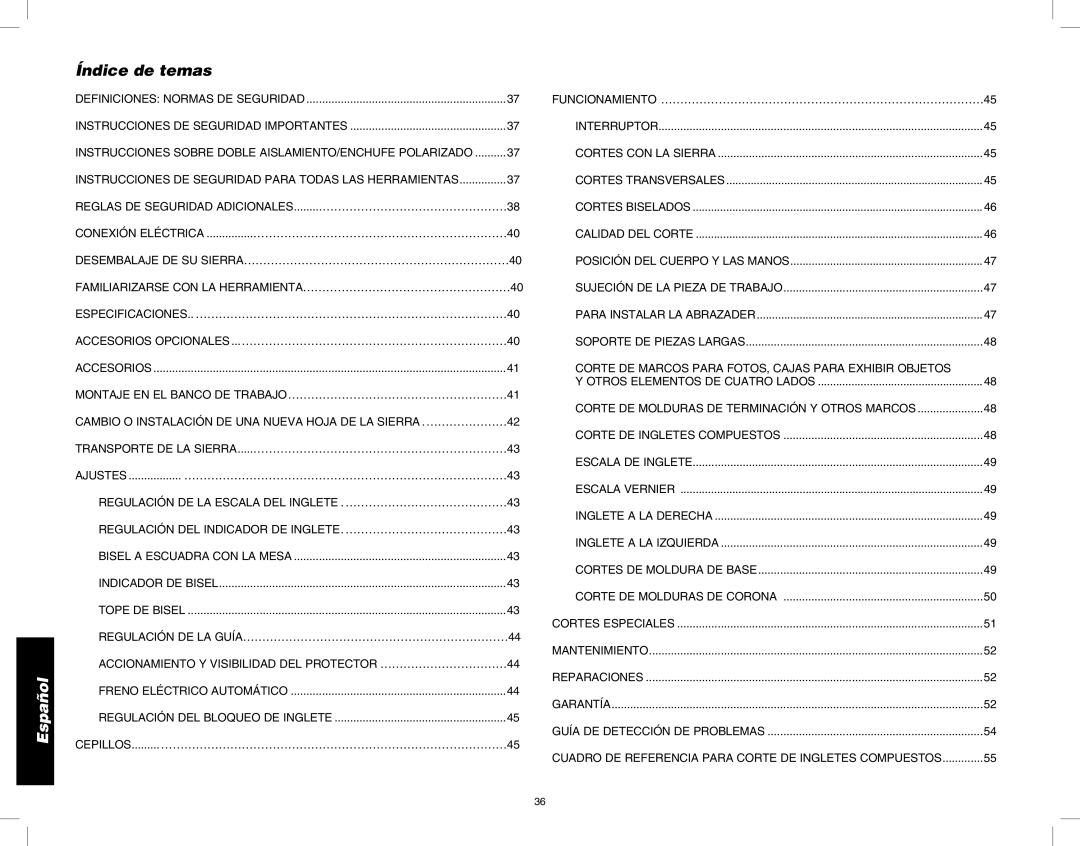 DeWalt DW713 instruction manual Índice de temas 