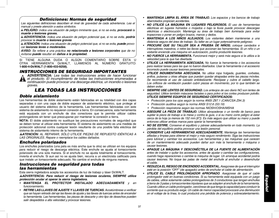 DeWalt DW713 instruction manual Definiciones Normas de seguridad, Instrucciones DE Seguridad Importantes, Doble aislamiento 