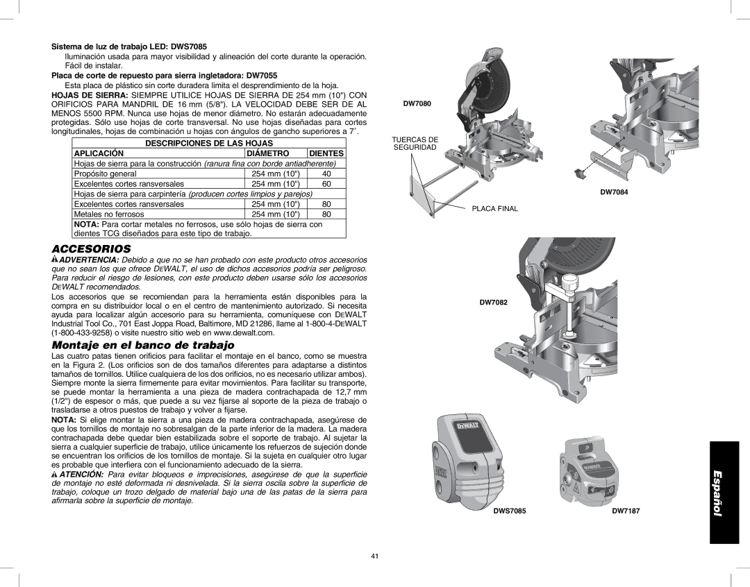 DeWalt DW713 Accesorios, Montaje en el banco de trabajo, Descripciones DE LAS Hojas Aplicación Diámetro Dientes 