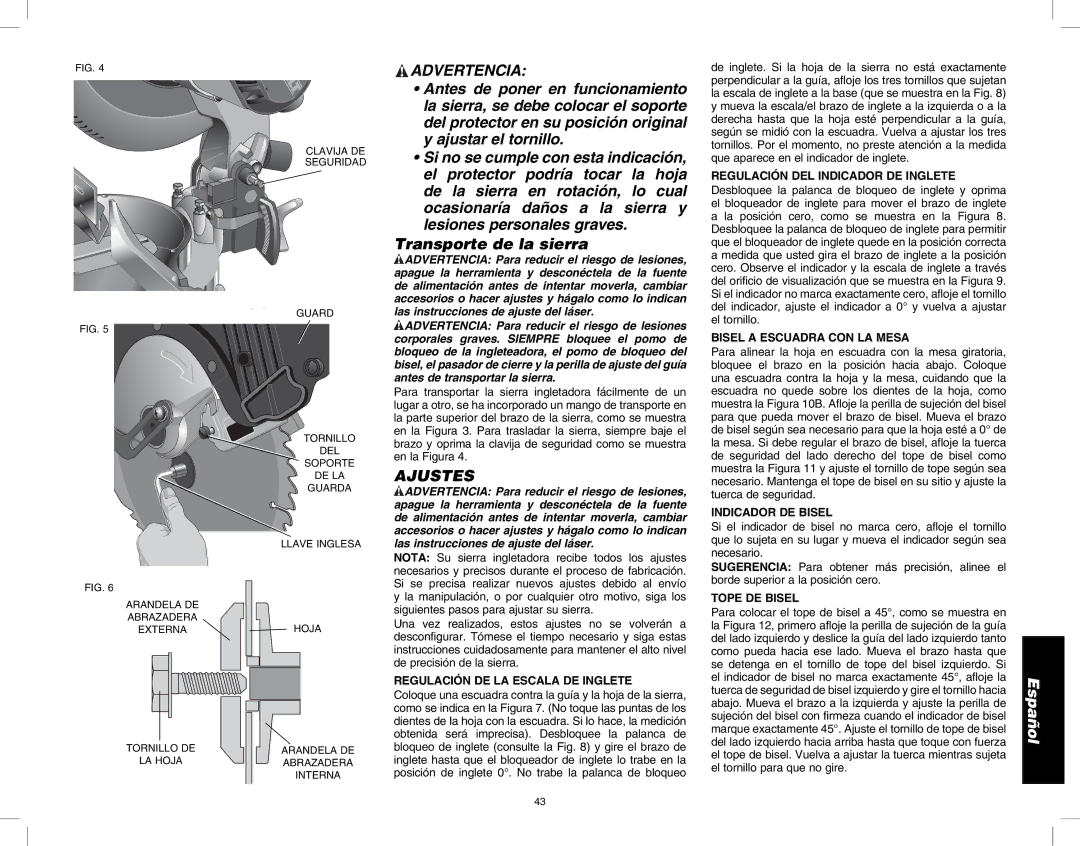 DeWalt DW713 instruction manual Advertencia, Ajustes 