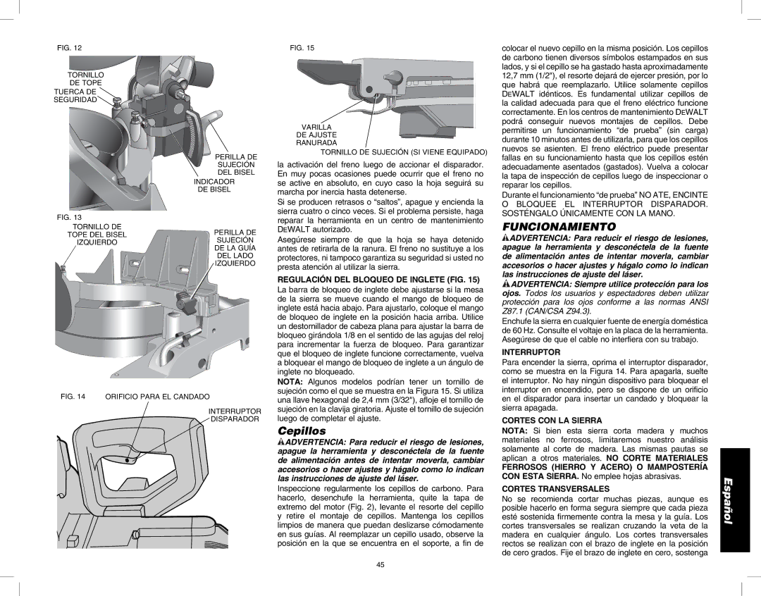 DeWalt DW713 instruction manual Cepillos, Funcionamiento 