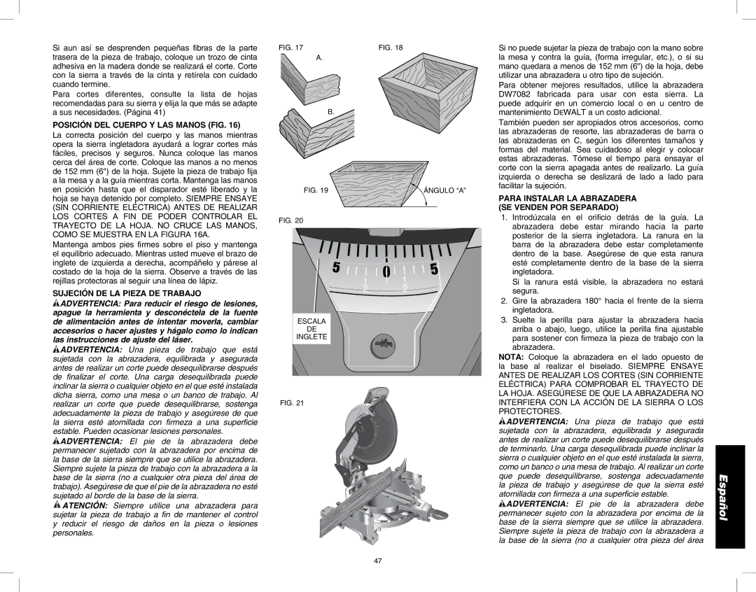 DeWalt DW713 instruction manual Posición DEL Cuerpo Y LAS Manos FIG, Sujeción DE LA Pieza DE Trabajo 