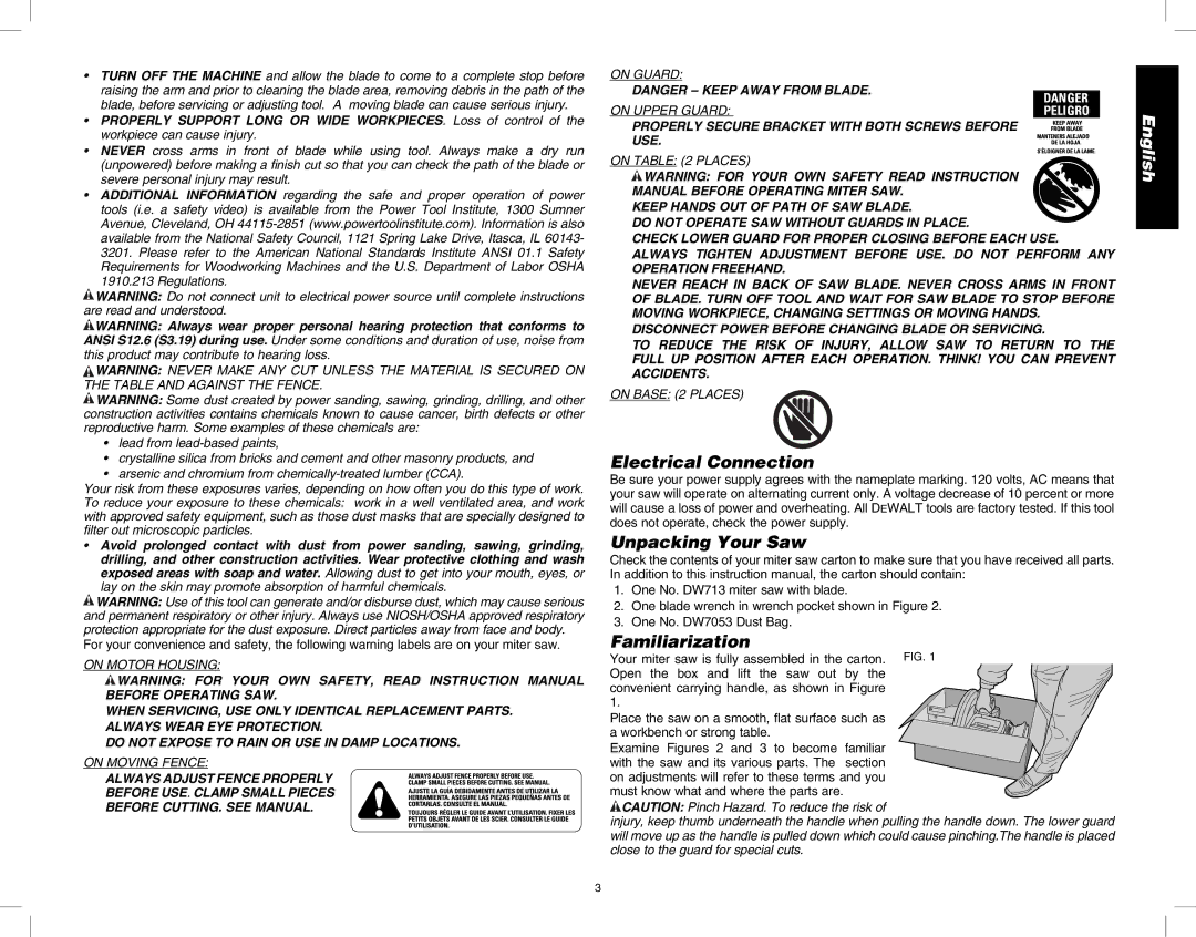 DeWalt DW713 instruction manual Electrical Connection, Unpacking Your Saw, Familiarization 