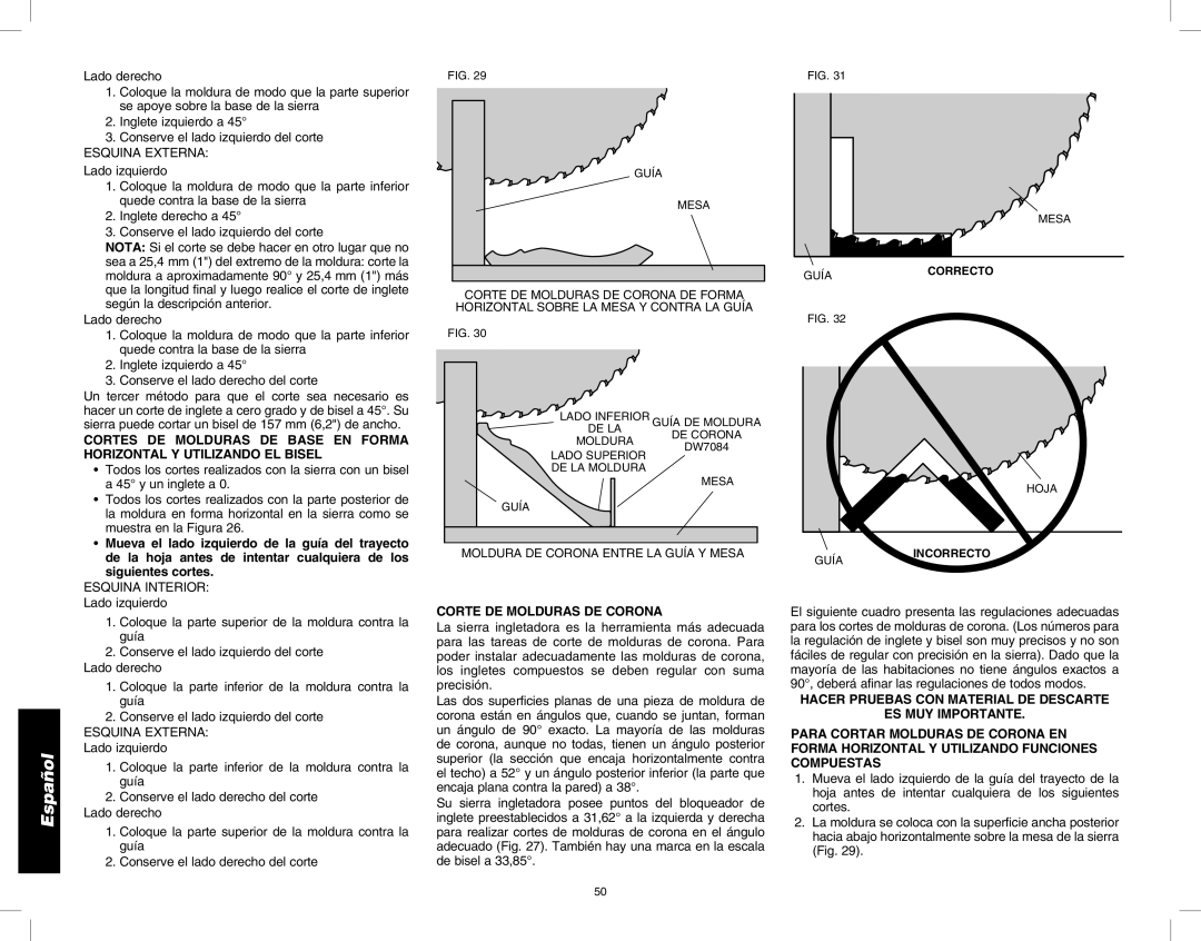 DeWalt DW713 instruction manual Corte DE Molduras DE Corona 