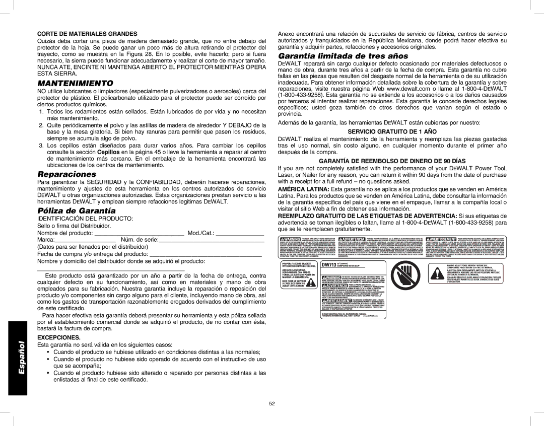 DeWalt DW713 instruction manual Mantenimiento, Reparaciones, Póliza de Garantía, Garantía limitada de tres años 