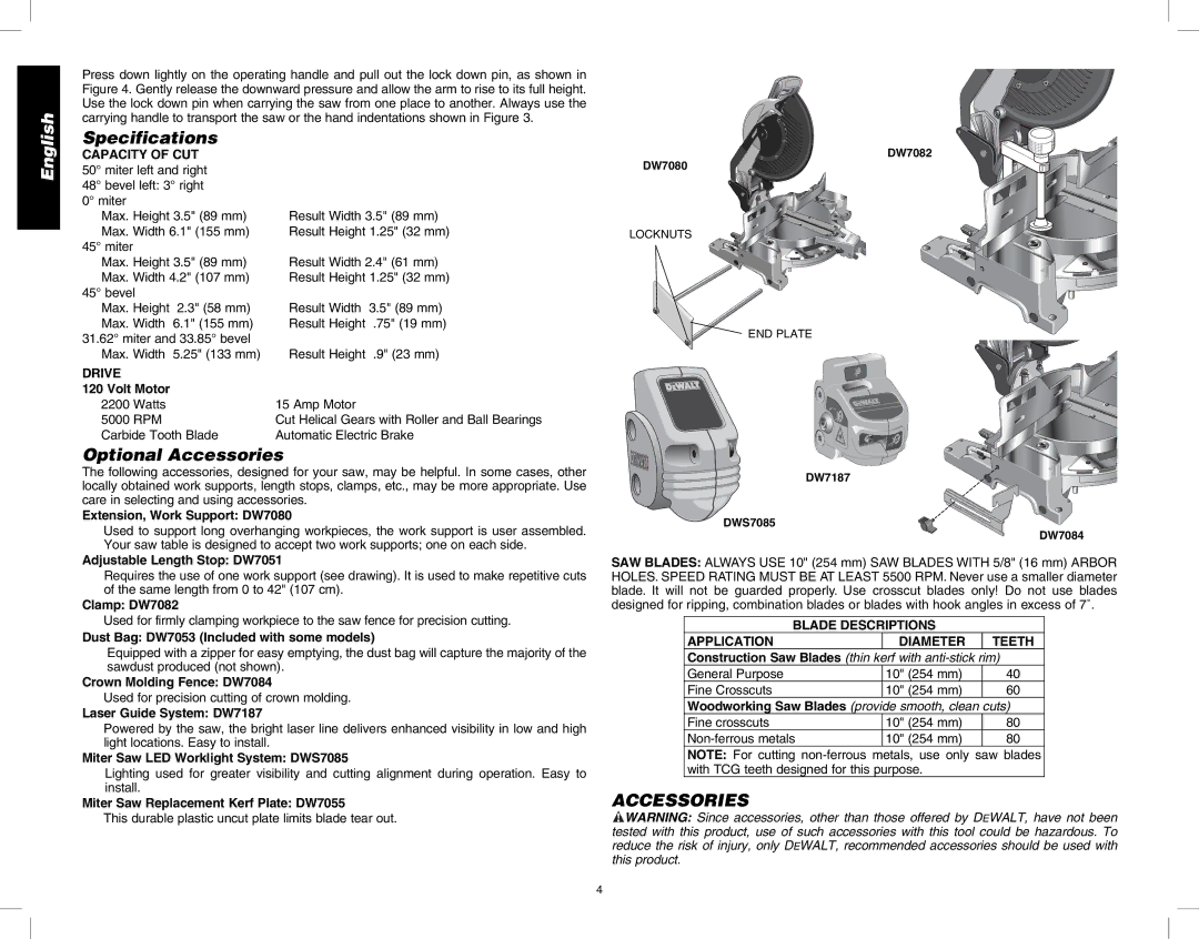 DeWalt DW713 instruction manual Specifications, Optional Accessories 