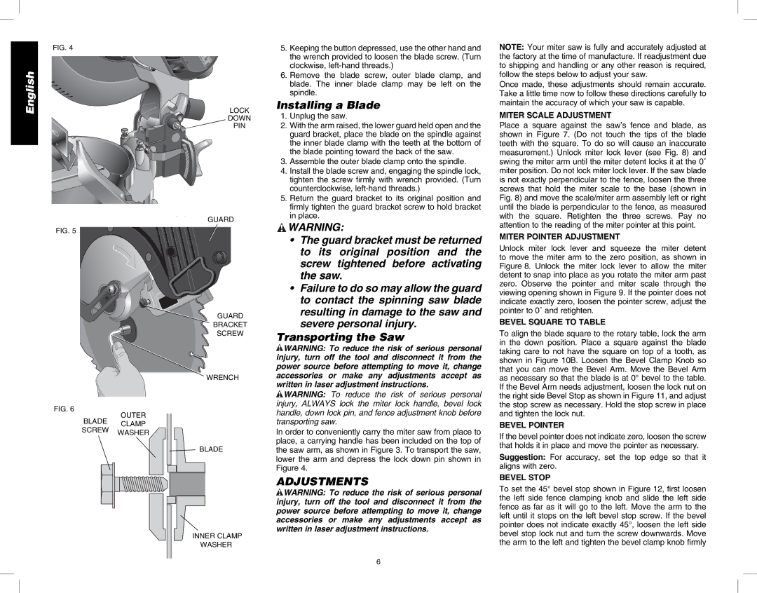 DeWalt DW713 instruction manual Installing a Blade, Adjustments 