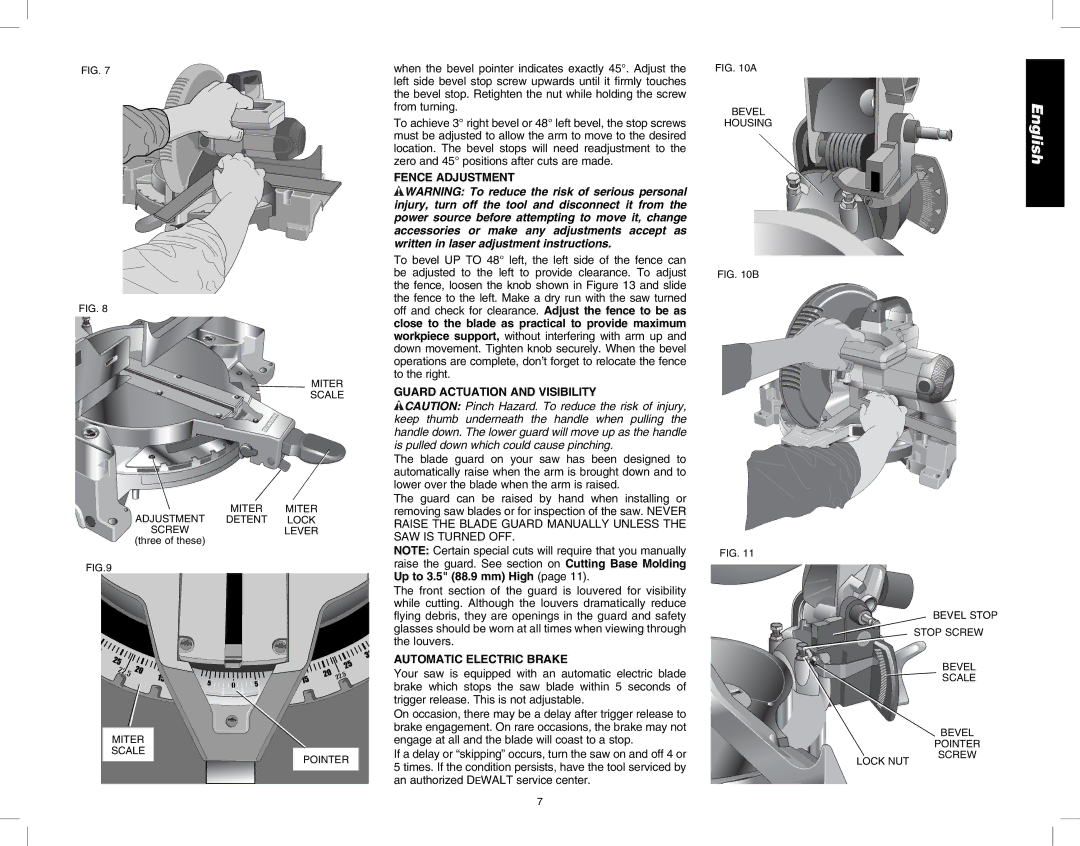 DeWalt DW713 instruction manual Fence Adjustment, Guard Actuation and Visibility, Automatic Electric Brake 