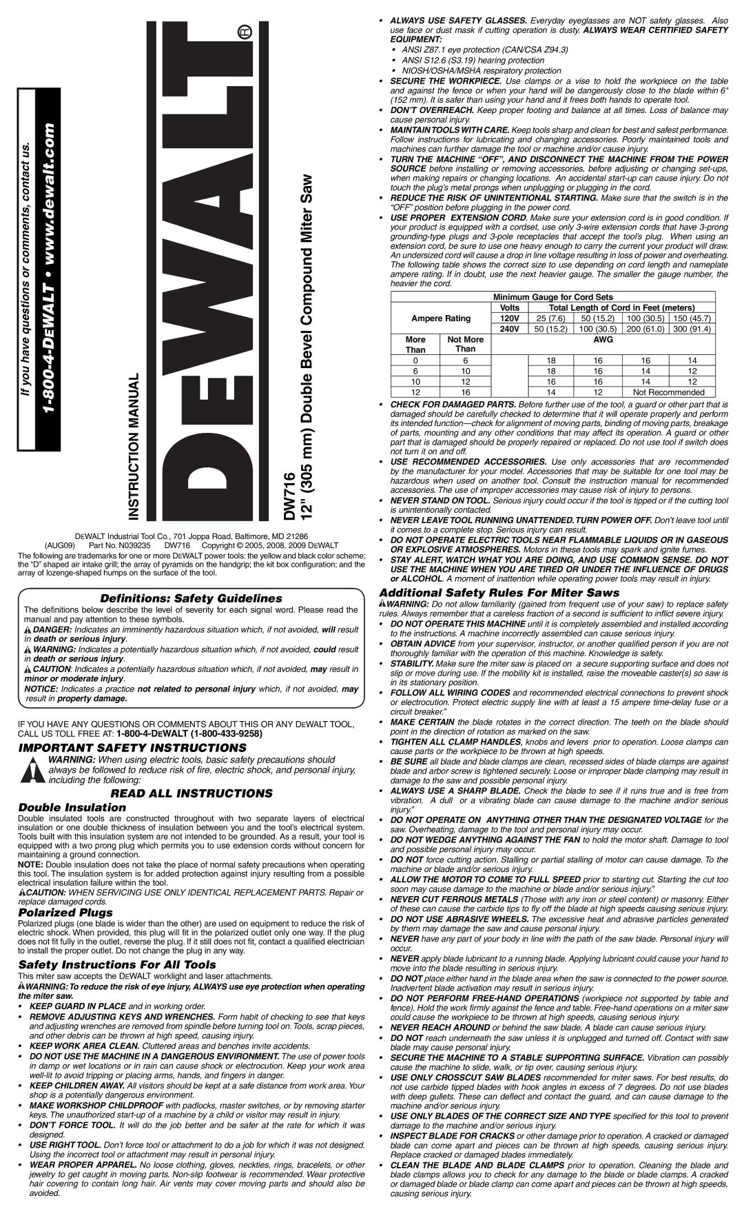 DeWalt DW716 instruction manual Important Safety Instructions Read ALL Instructions 