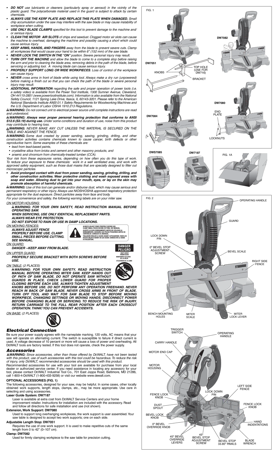 DeWalt DW716 instruction manual Electrical Connection, Accessories, Properly Secure Bracket with Both Screws Before USE 