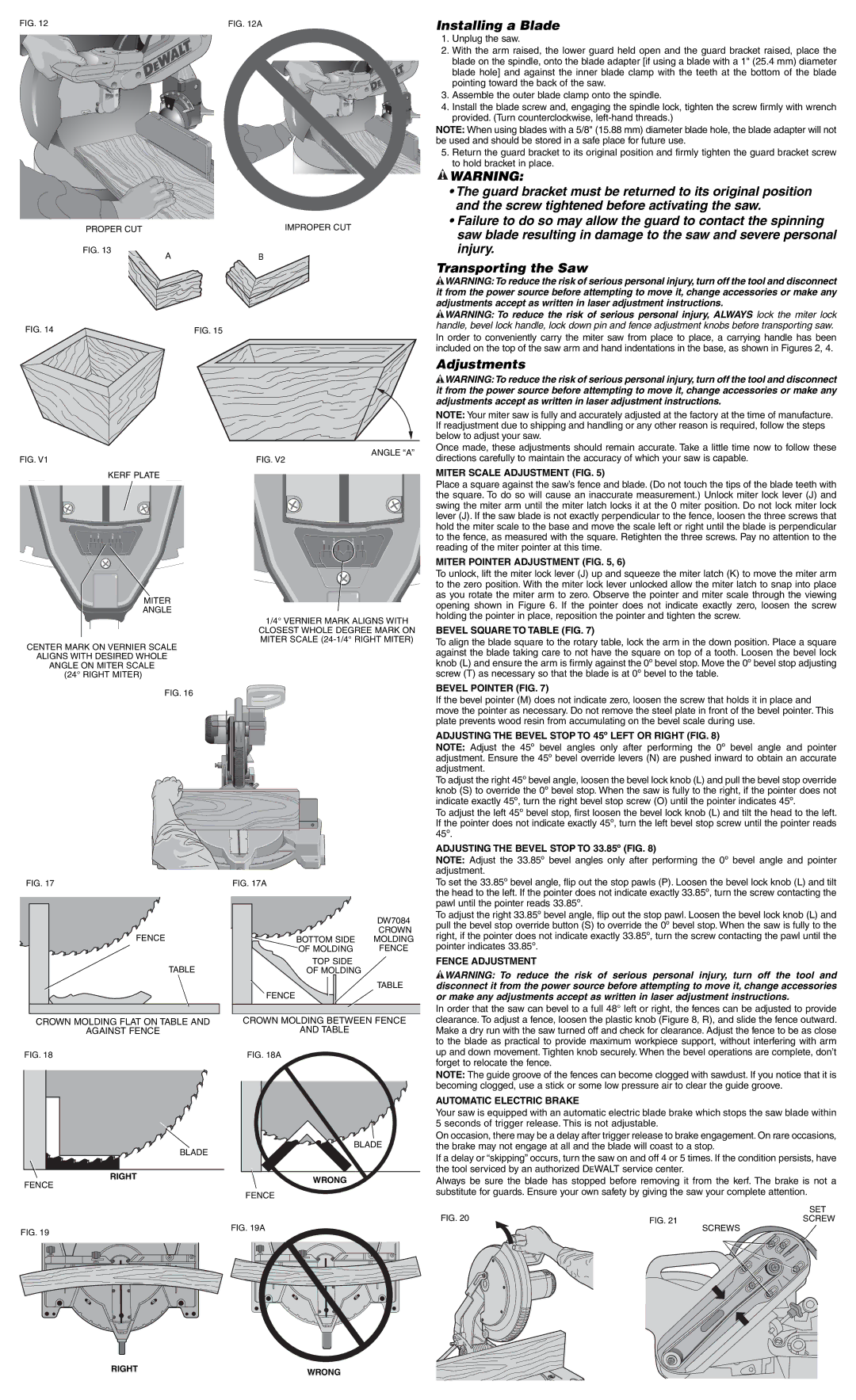 DeWalt DW716 instruction manual Installing a Blade, Adjustments 