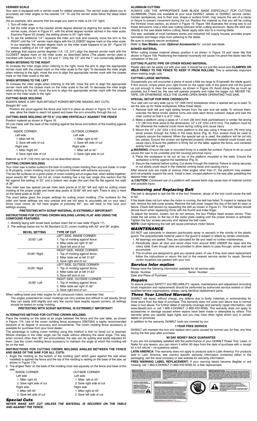 DeWalt DW716 instruction manual Maintenance 