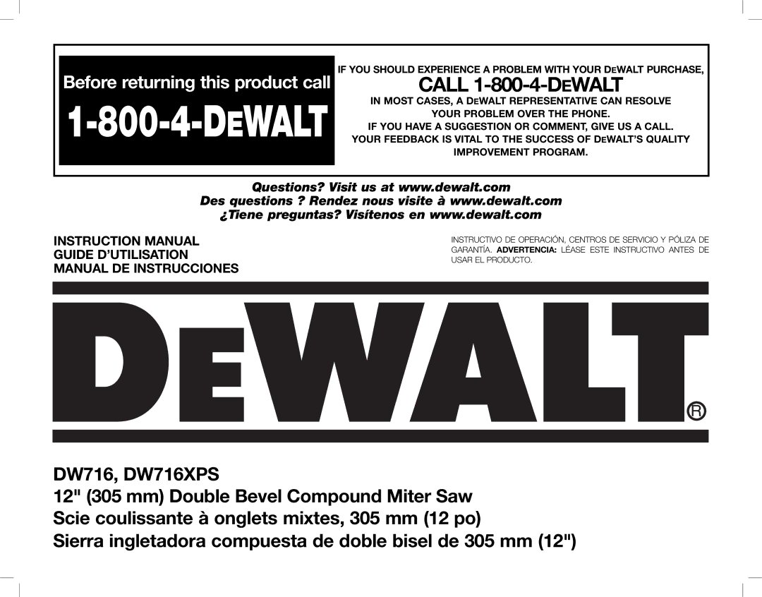 DeWalt DW716XPS instruction manual Dewalt 