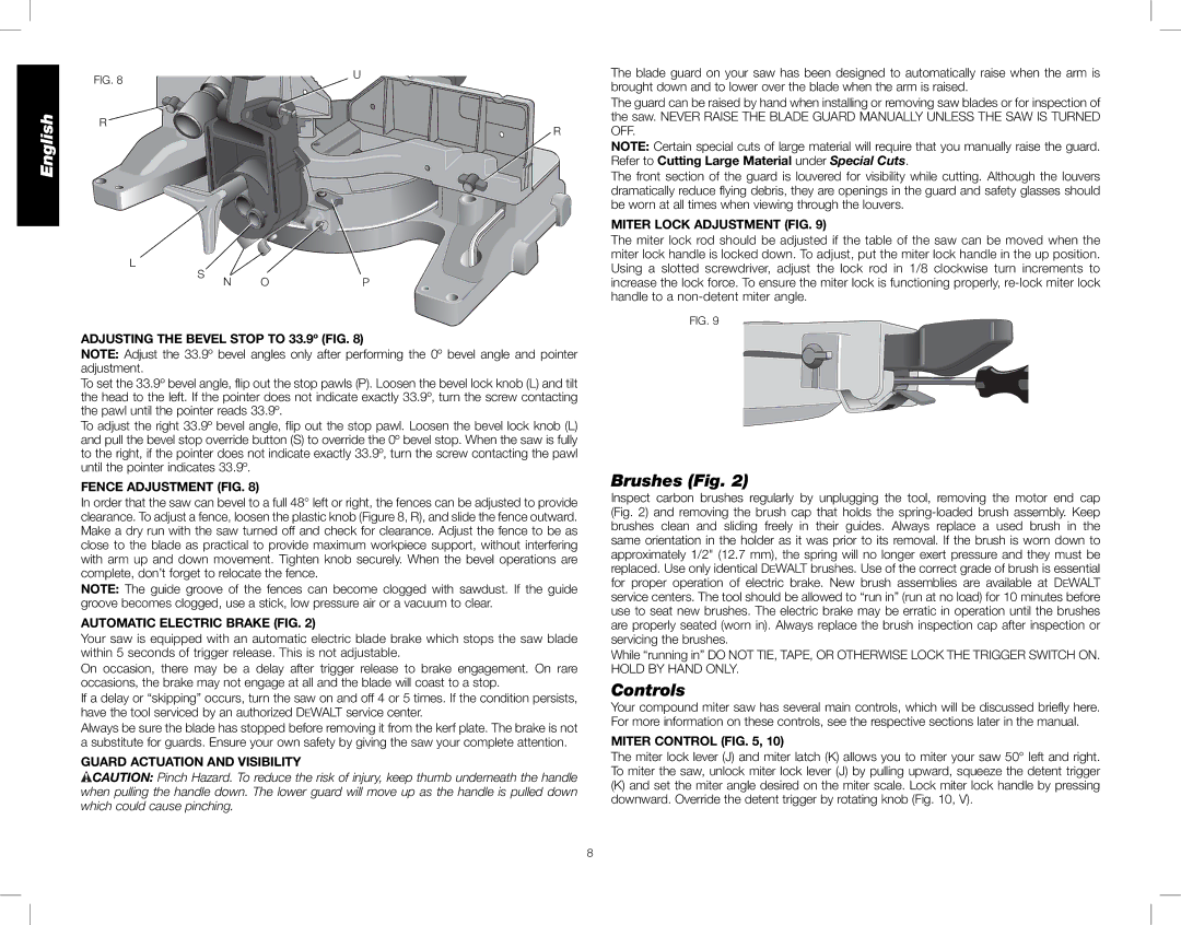 DeWalt DW716XPS instruction manual Brushes Fig, Controls 