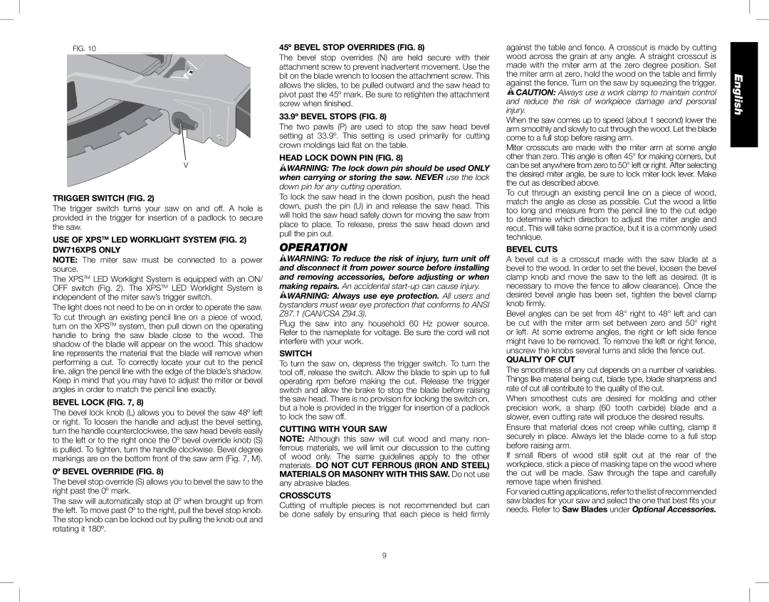 DeWalt DW716XPS instruction manual Operation 