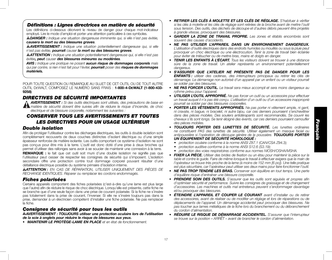 DeWalt DW716XPS instruction manual Directives DE Sécurité Importantes, Conserver Tous LES Avertissements ET Toutes 