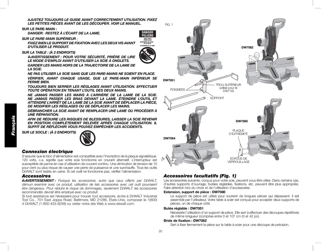 DeWalt DW716XPS Connexion électrique, Accessoires facultatifs Fig, Sur Le Pare-Main, SUR LE Socle À 2 Endroits 